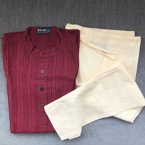 Boys Red Kurta with Cream Drawstring Pajama Bottoms Size M (4-6Y) Made in India